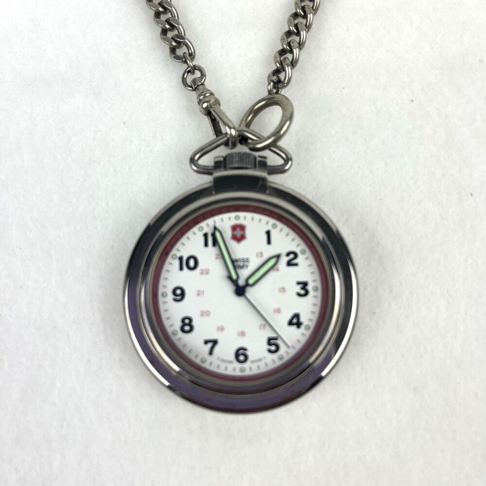Vintage Swiss Army Quartz Pocket Watch Silver-tone Curb Chain WORKING 1990s